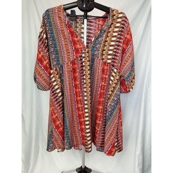 Shein Women's Boho Print Red Blue Mini Dress Swim Cover Up Size Large - Picture 1 of 6